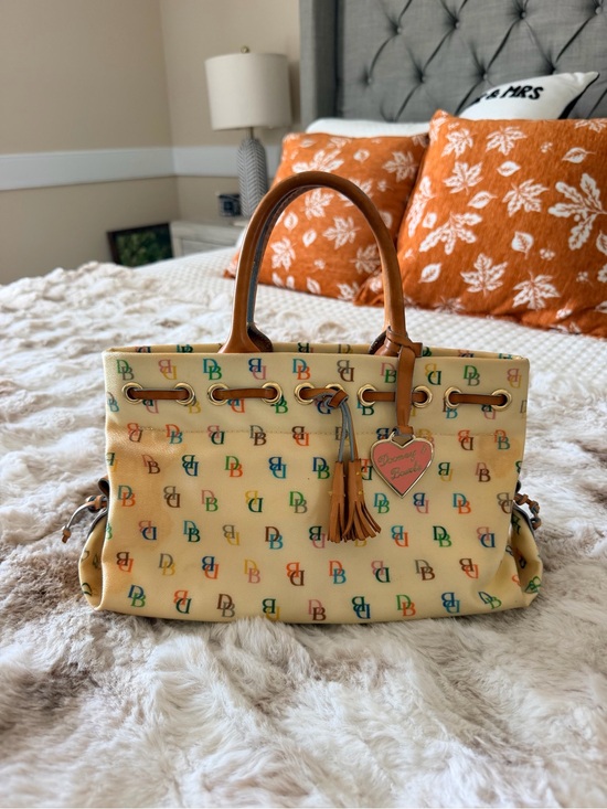 Dooney & Bourke Handbags - Dooney & Bourke Cream Multicolor Logo-Print Tote with Tan Trim